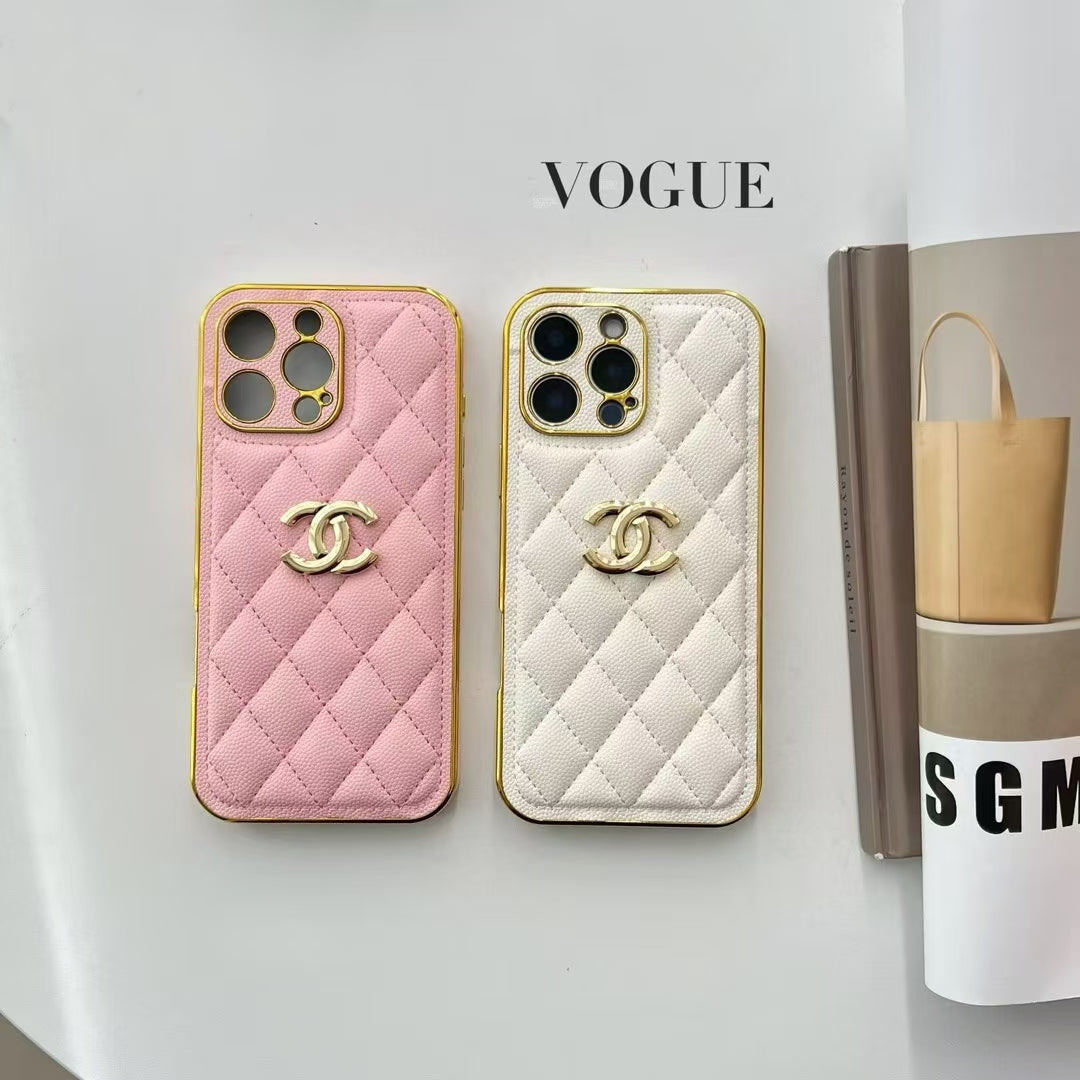 Luxury Chanel Cream Case with Gold Edge Frame for iPhone 12-18 Pro & Pro Max