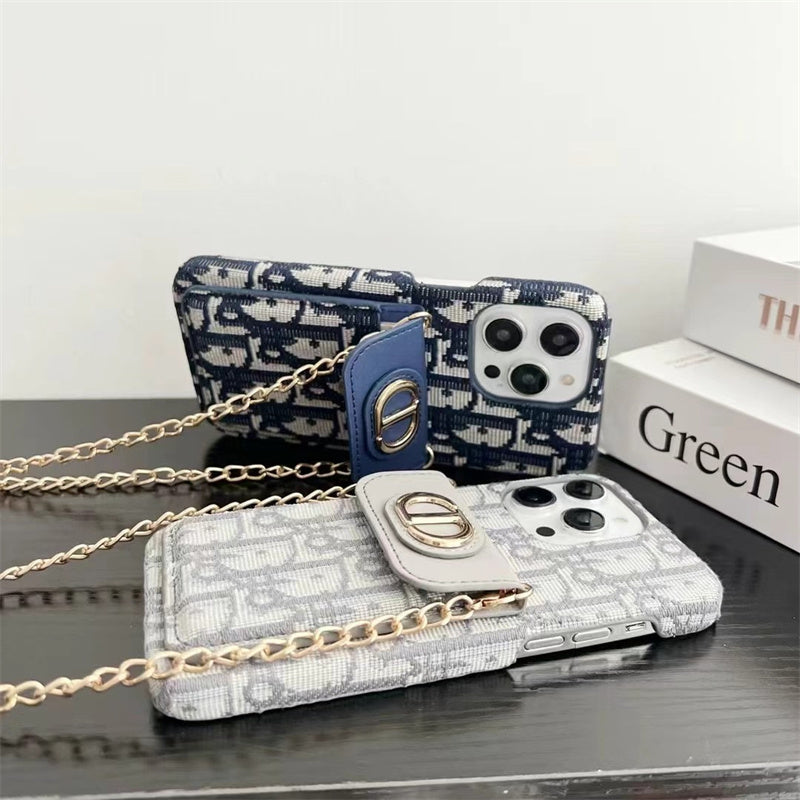 Dior Luxury iPhone Case with Chain, Card Slot, and Metal Logo for iPhone 12-18 Pro & Pro Max