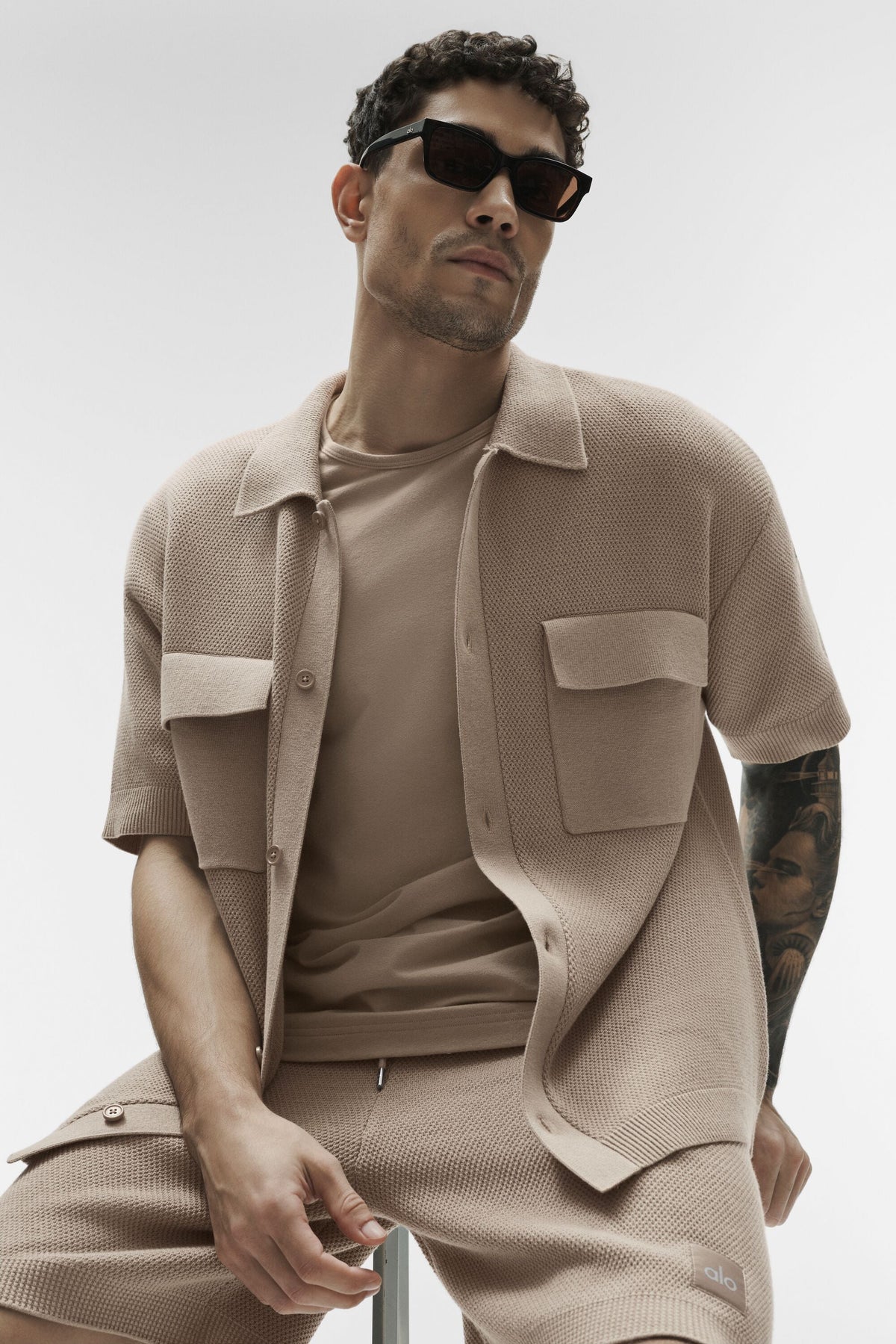Sports Club Sweater Knit Short Sleeve Button Up - Gravel