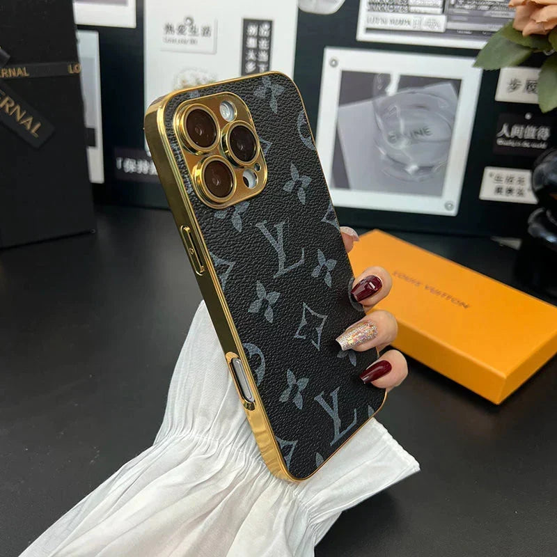 LV Style Soft Monogram Case with Gold Border for iPhone 12-18 Pro & Pro Max